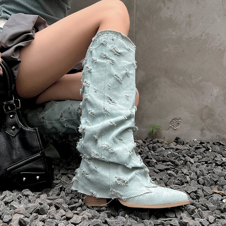 Femme Slouchy Distressed Denim knæhøje støvler Stilla