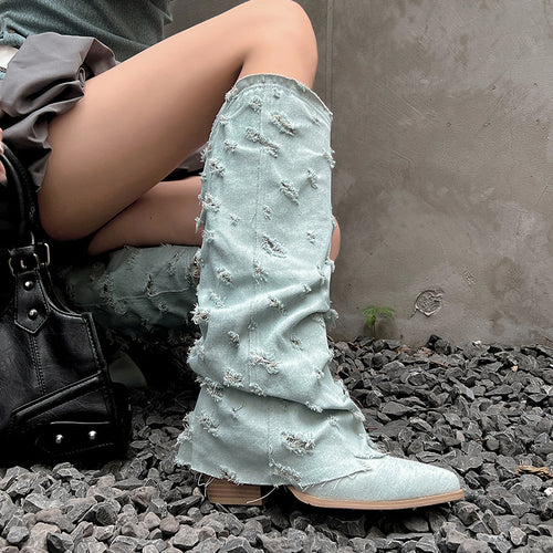 Femme Slouchy Distressed Denim knæhøje støvler Stilla