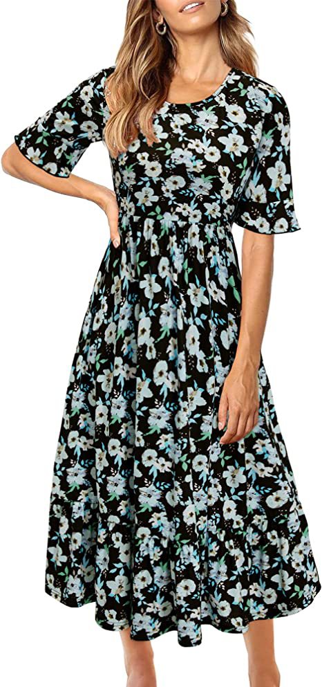 Kvindernes midi kjole med blomsterdesign og volang kant Stilla