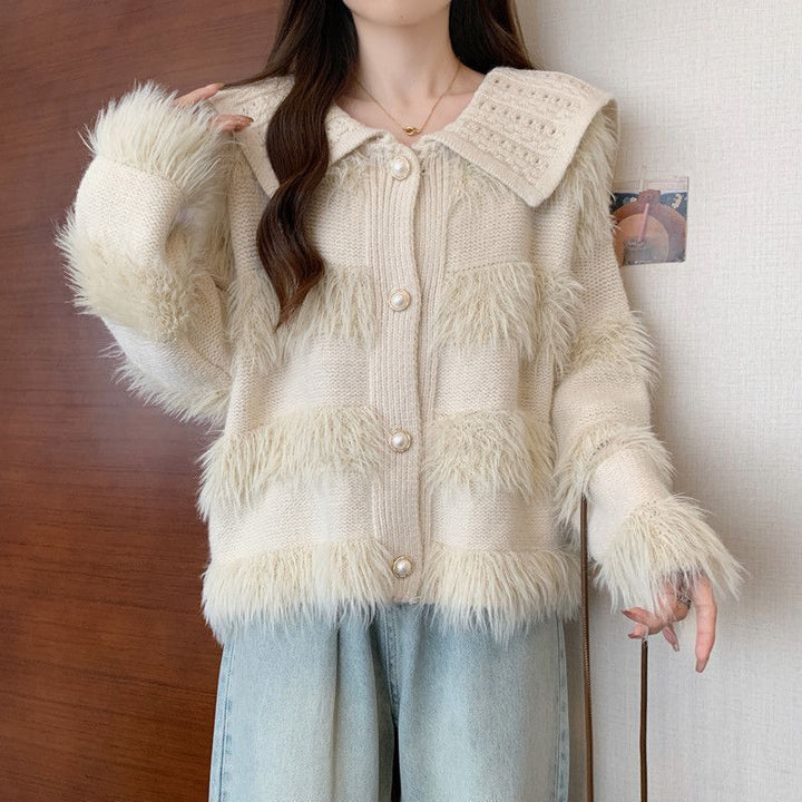 Kvinders cardigan med flettet krave og faux fur applikationer Stilla