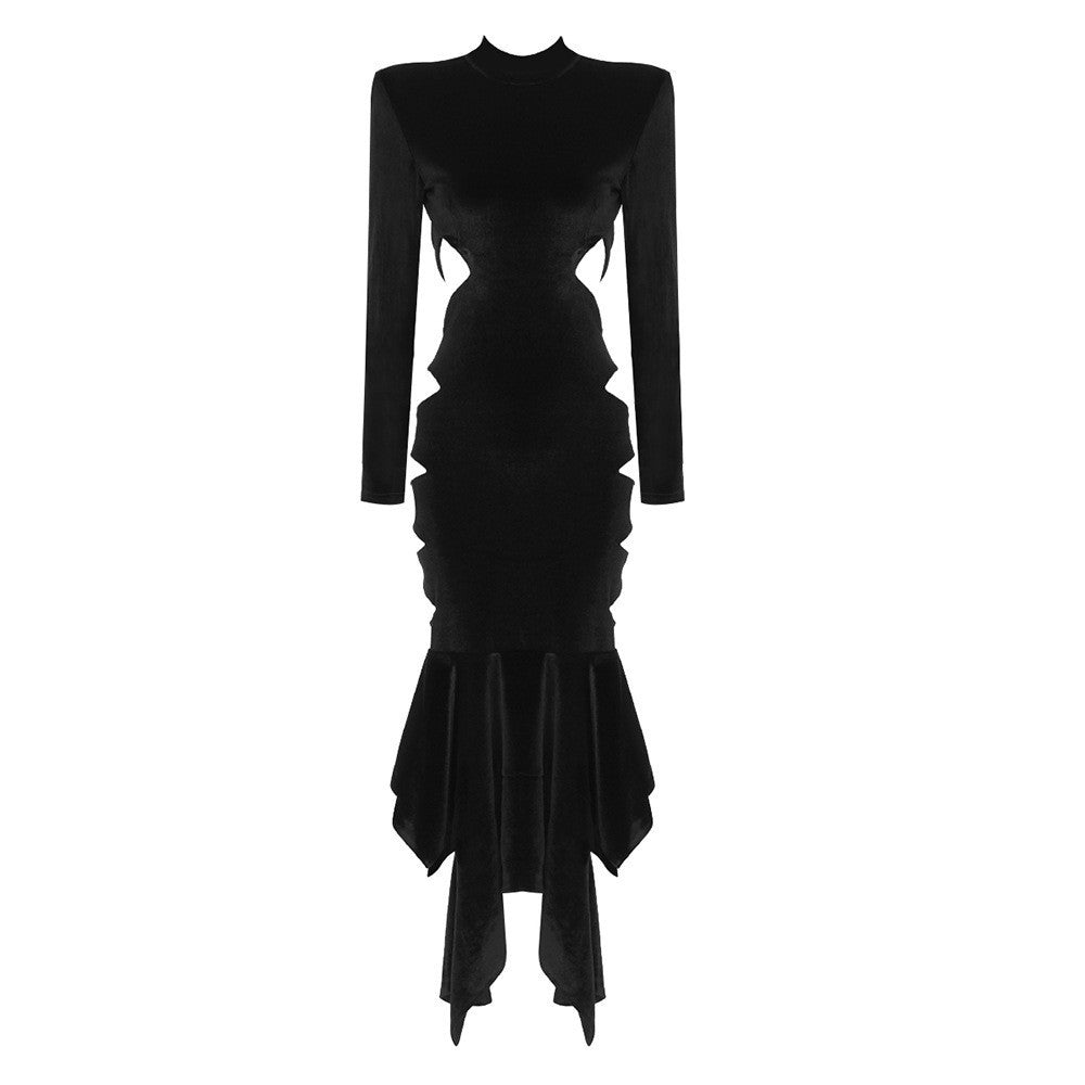Dame elegant lang kjole med innovativ cut-out og voluminøs kant Skovae