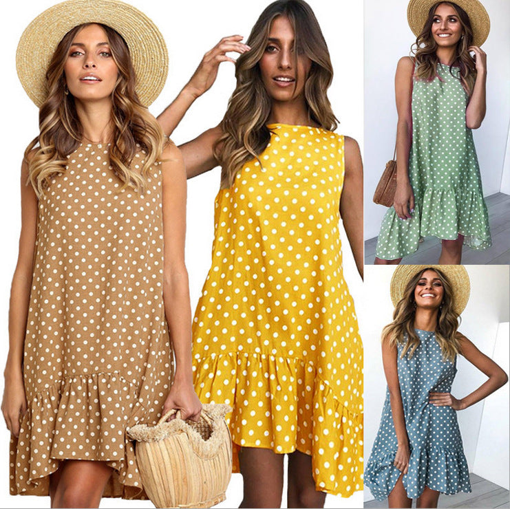 Dame Sommer Polka Dot Shift Kjole med Flæsekant Stilla