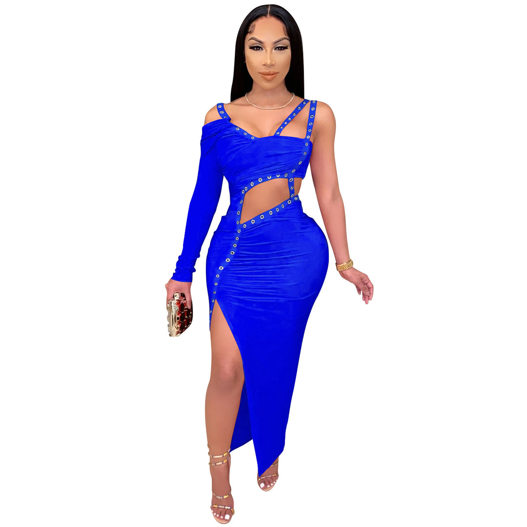 Dame Elegant Cut-Out Maxikjole med asymmetrisk design og funktionelle knapdetaljer Stilla