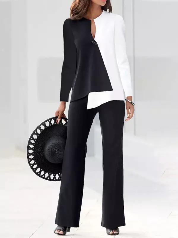 Dame Elegante og moderne to-delt sæt med asymmetrisk bluse og bredt skåret bukser Stilla