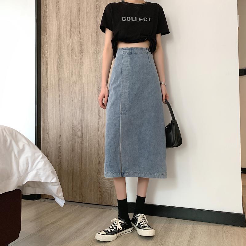 Dame jeans midi nederdel med sideslids Stilla