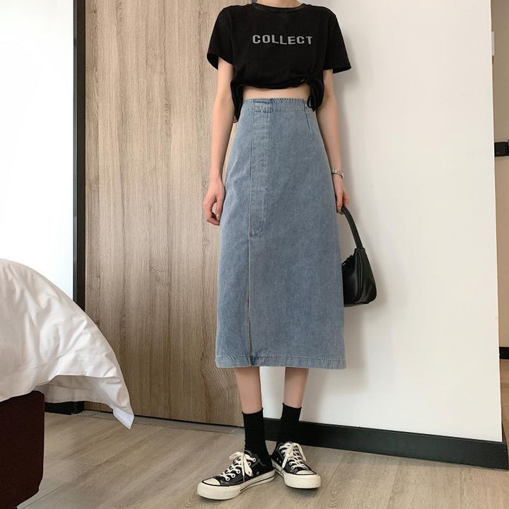 Dame jeans midi nederdel med sideslids Stilla