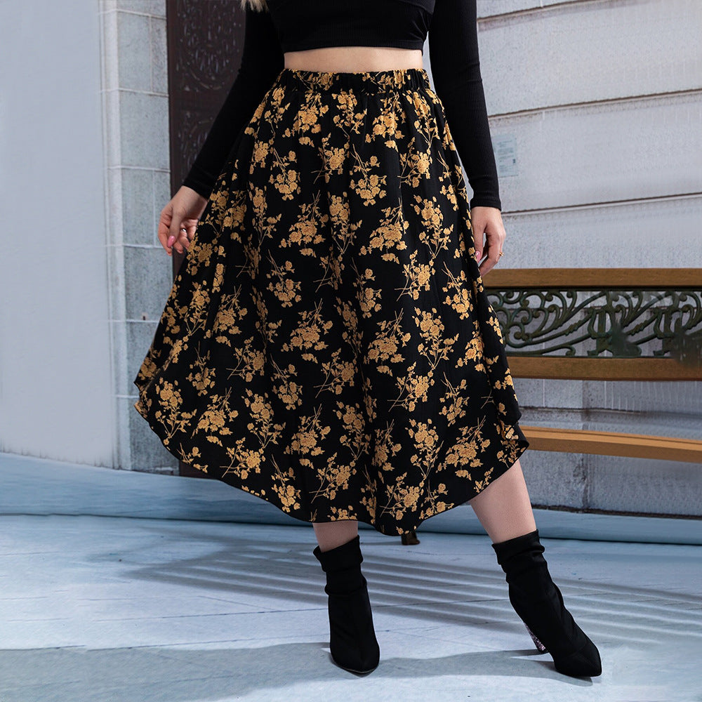 Dame blomsterformet midi-nederdel med elastisk taljebånd og elegant A-linje Stilla