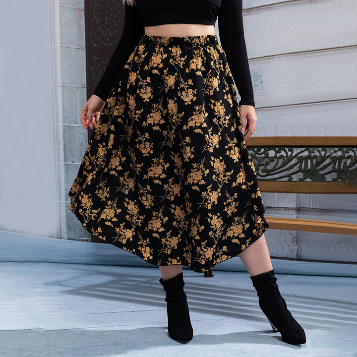 Dame blomsterformet midi-nederdel med elastisk taljebånd og elegant A-linje Stilla