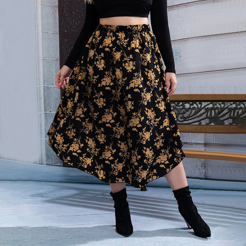 Dame blomsterformet midi-nederdel med elastisk taljebånd og elegant A-linje Stilla