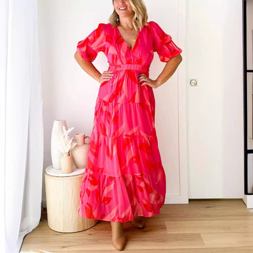 Dame Maxikjole med voluminøse pufærmer og blomsterprint Stilla