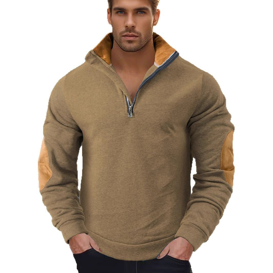 Herrer nan kort lynlås-ståkrave sweater med kontrastkrave og ruskind albue-patches Skovae