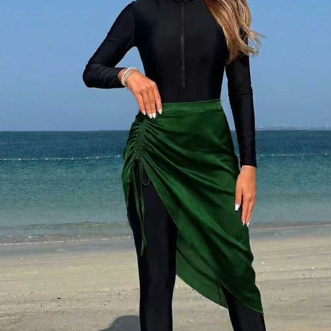 Dame sportslig langærmet badedragt med indpakning skirt Skovae