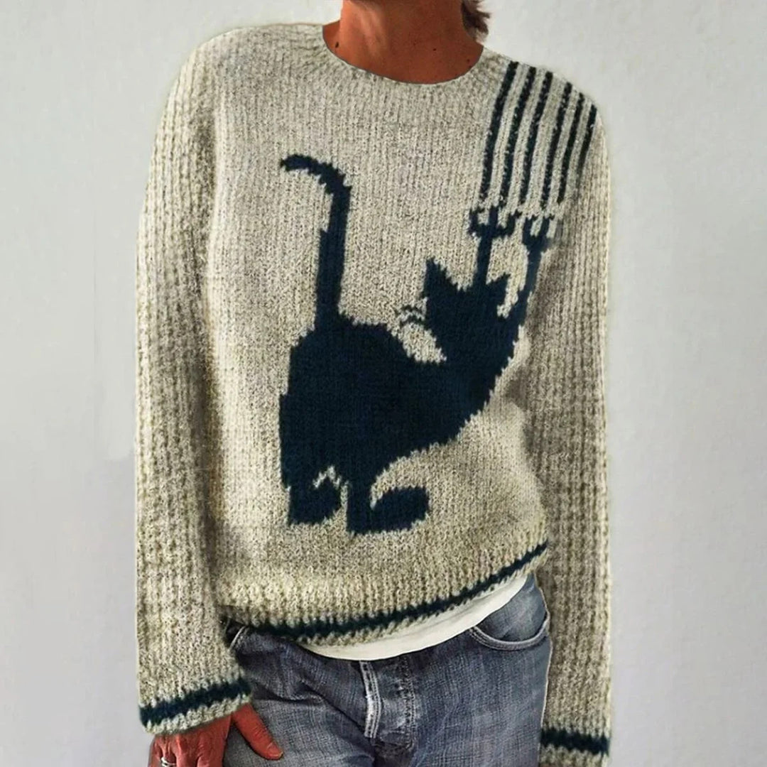 Dame Cozy Sweater med Revmotiv og Stribede Ærmer Stilla