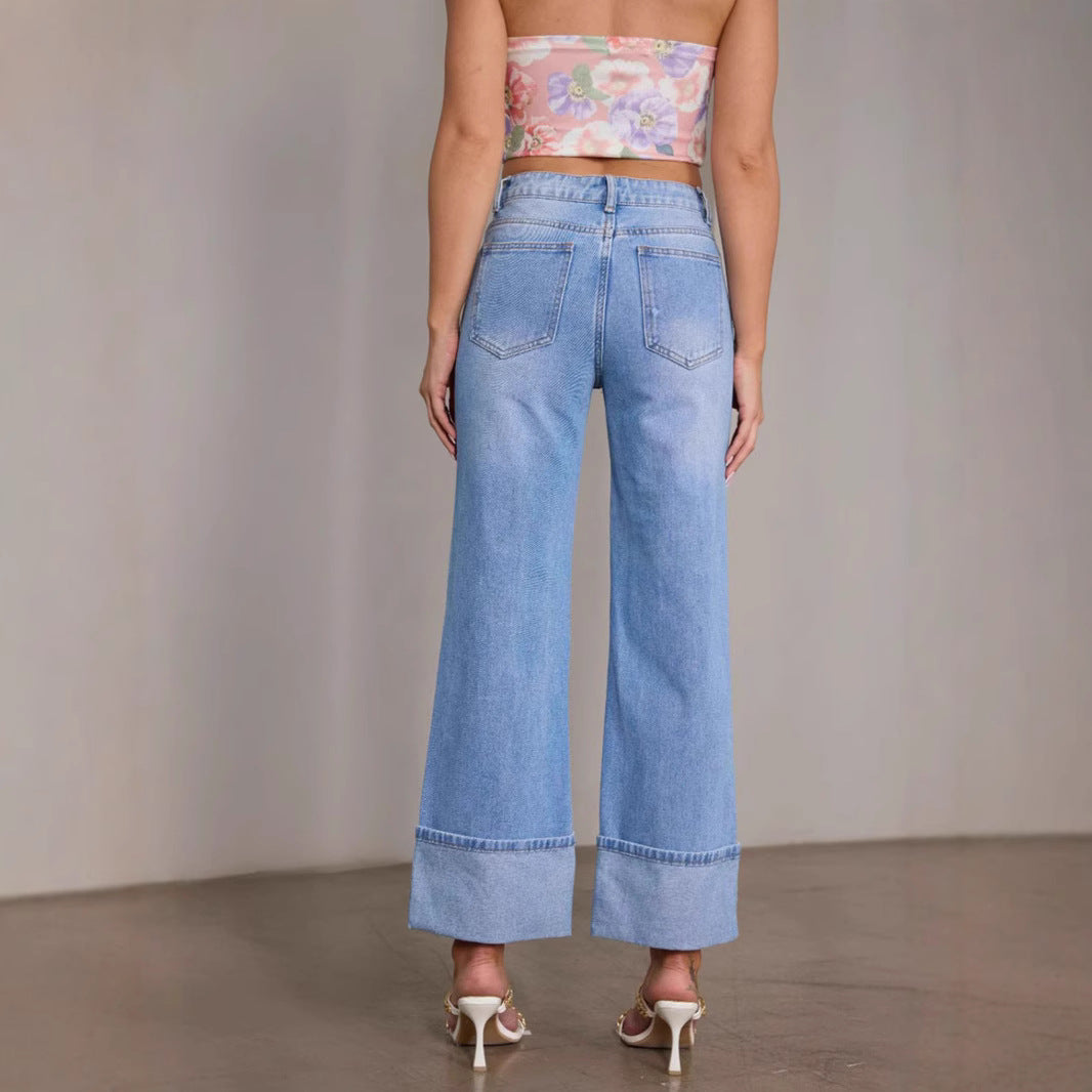 Dame brede jeans med frynset sømme og høj talje Stilla