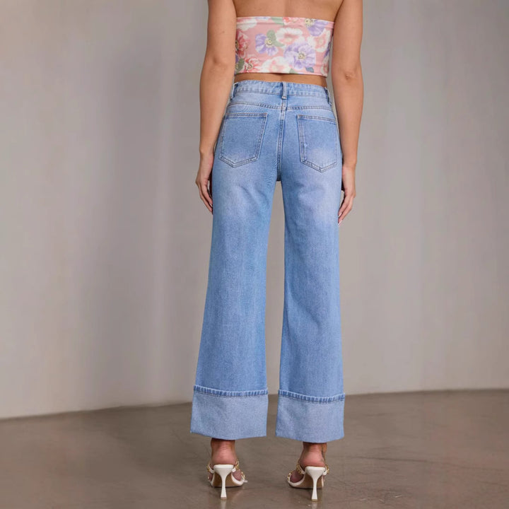 Dame brede jeans med frynset sømme og høj talje Stilla