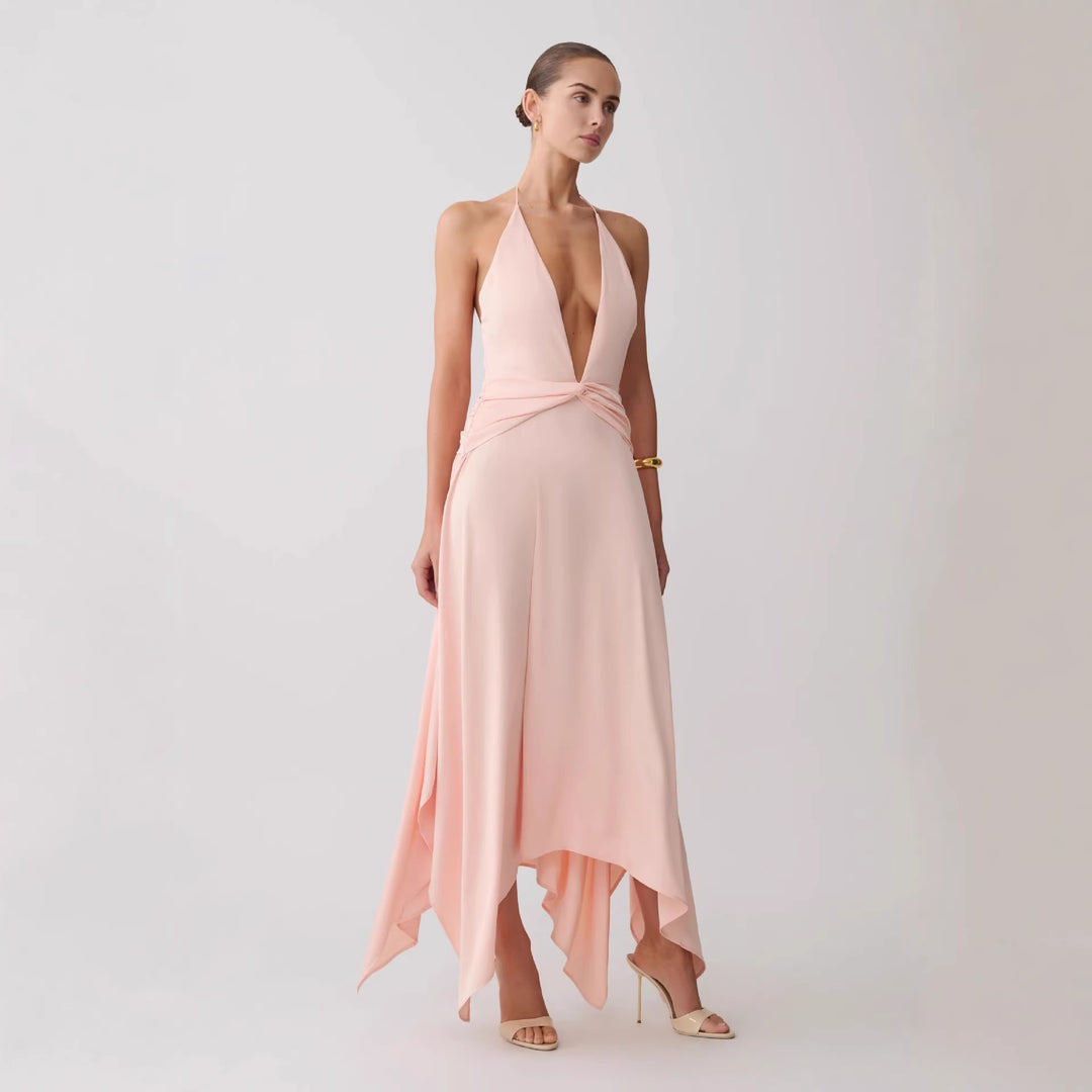 Dame Elegant Wrap kjole med dyb V-halsudskæring og asymmetrisk kant Skovae