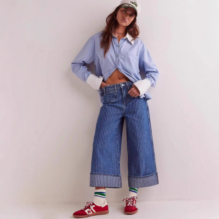 Damer elegante løstsiddende jeans med påsyede striber Skovae