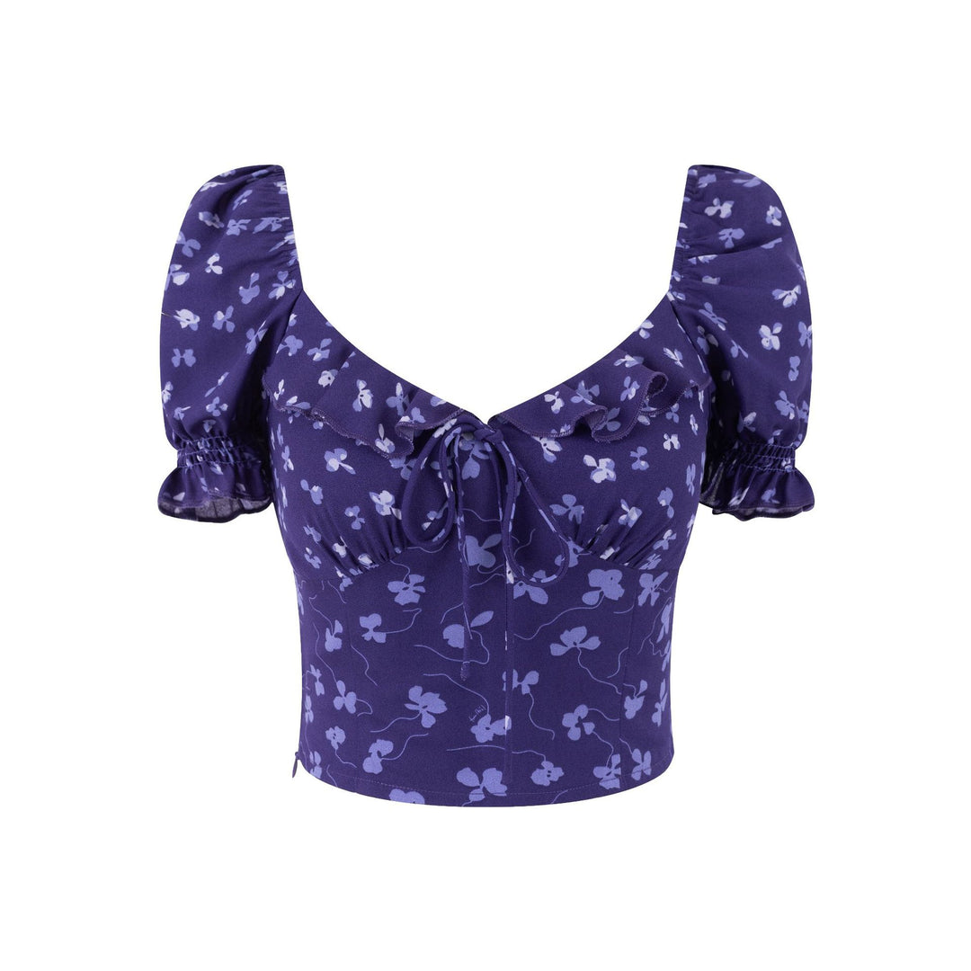 Dame crop-top med flæsedetaljer og blomsterprint Stilla