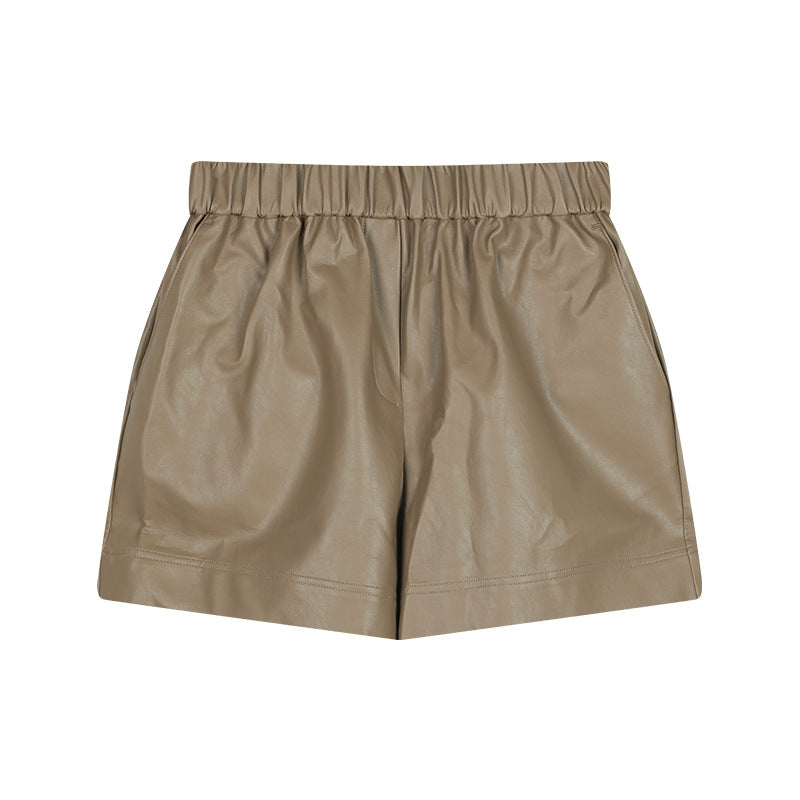 Dame brede lædershorts med elastisk taljebånd og sidelommer Stilla