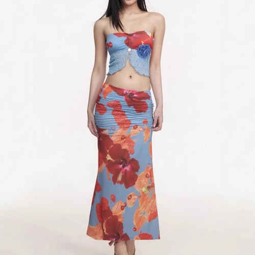 Femme Floral Crop Top og Maxi Nederdel Sæt Stilla