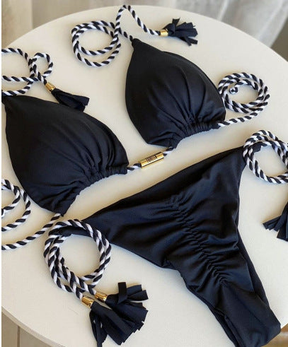 Dame triangel-bikini med moderne leopardmønster og dekorative frynser Skovae