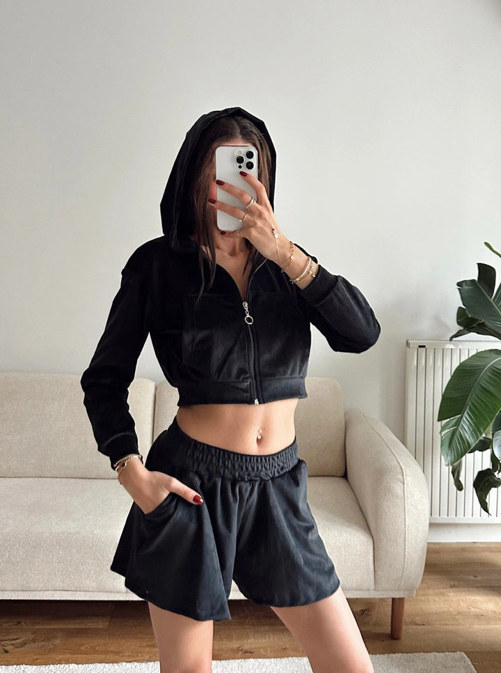 Dame casual og stilfuld fleece shorts sæt med hætte og fuld lynlås Skovae