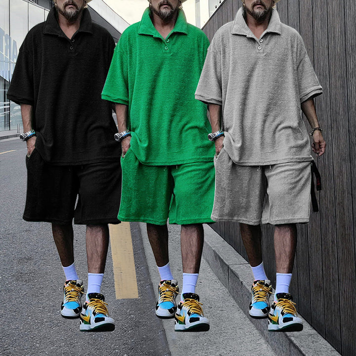 Herrer nan urban bred fritids-sæt med Henley-krave, forlænget bredt skåret skjorte og knælange jersey-shorts Skovae
