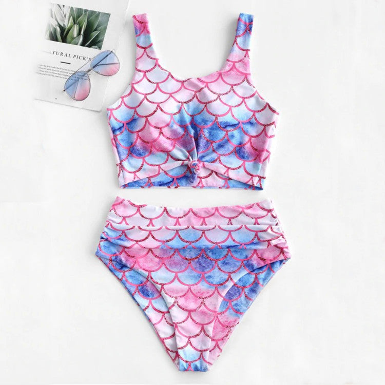 Dame Højtaljet Mermaid Print Bikini Sæt Stilla