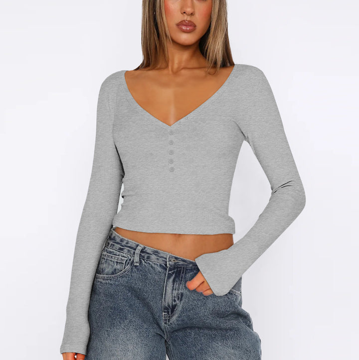 Dame Langærmet Crop-Top med V-udskæring og knapliste Stilla
