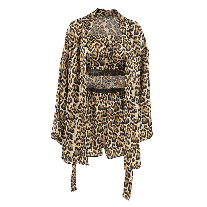 Dame Satin-Kimono-Robe med stilfuldt leopardmønster og bælte Stilla