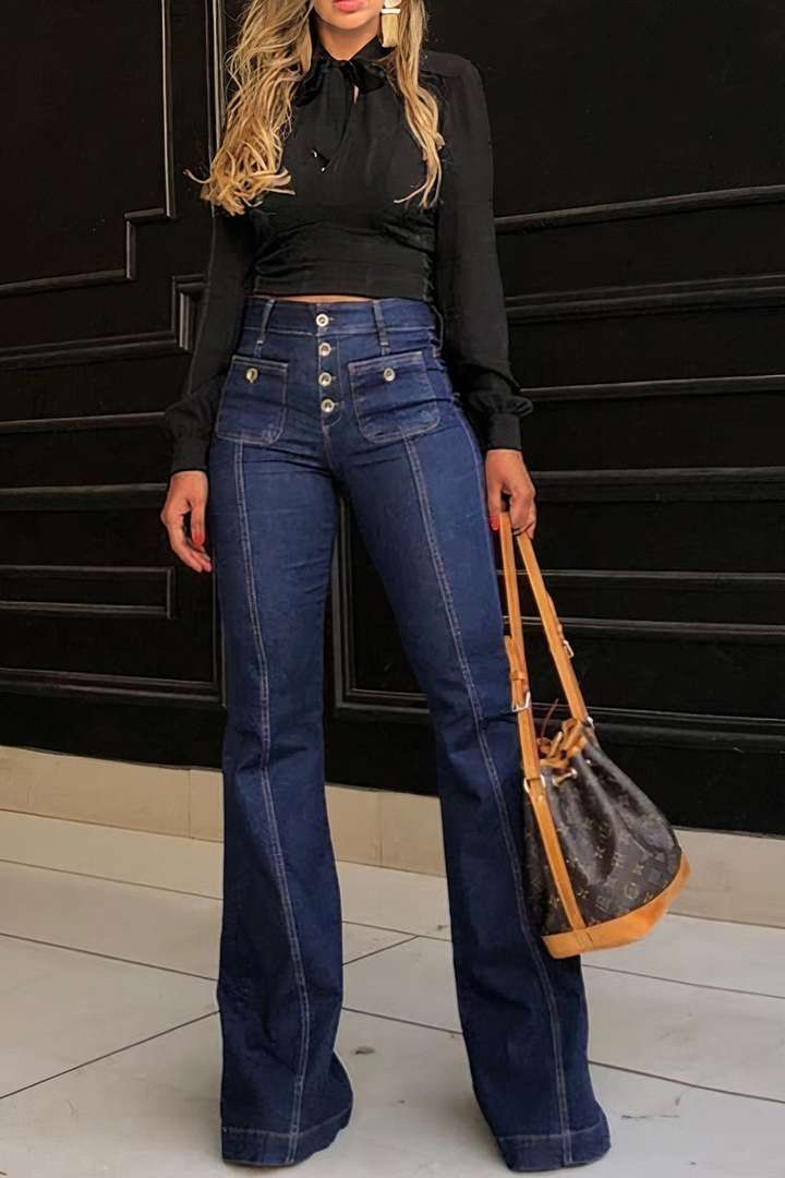 Damer Højskåret Tryklåsjeans med vintage detaljer og dekorative knapper Stilla