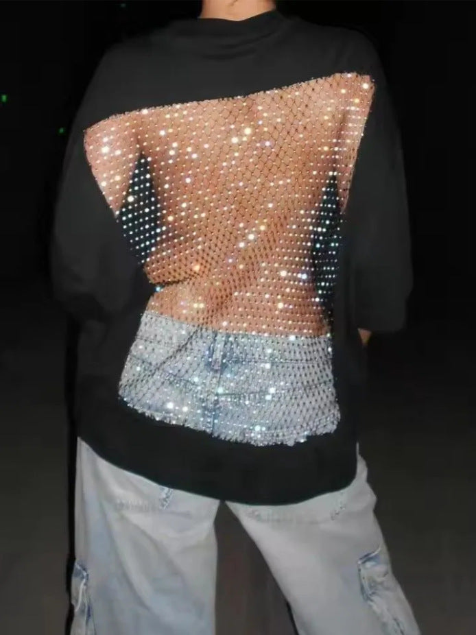 Dame nan Oversize-T-shirt med transparent netbag, strassbesætning og jeansprint Skovae