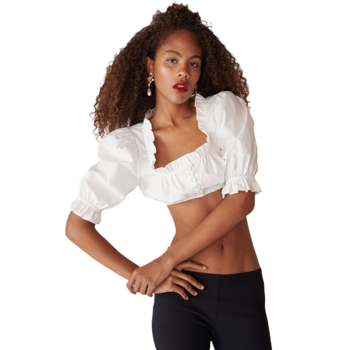 Dame Puffærme Cropped Bluse med Flæse Detaljer Stilla
