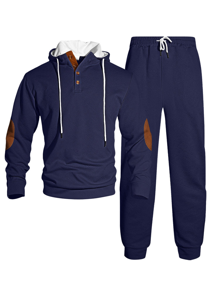 Herrer nan vaffelstruktur Henley-hoodie sæt med træknap liste albue-patch og konisk joggingbukser Skovae