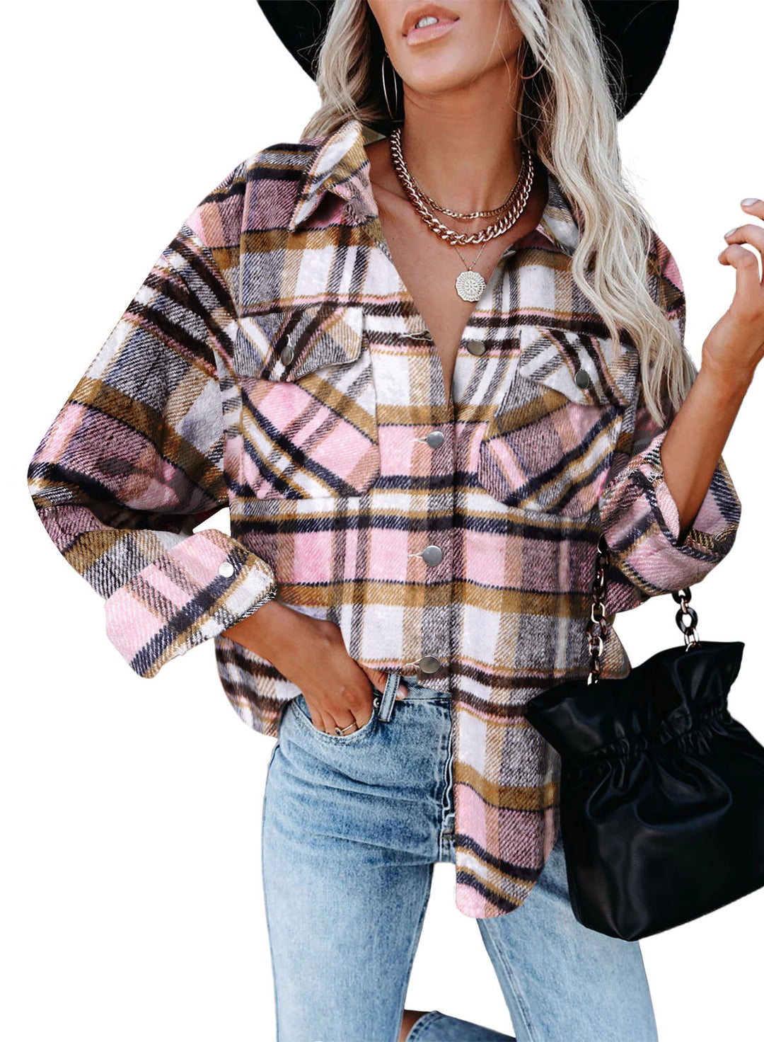 Dame Karo-Skjortejakke i oversized stil med trykknaplukning Stilla