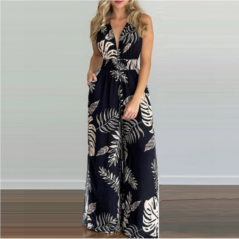 Kvinder Bohemian Halterneck Maxi Jumpsuit med siden slids Stilla