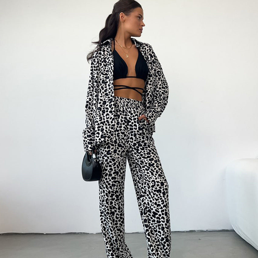 Damer fritid-loungewear-sæt med leopardmønster og elastisk talje Stilla