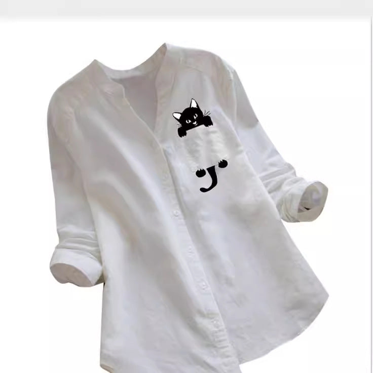 Dame afslappet skjorte med kattemotiv Stilla