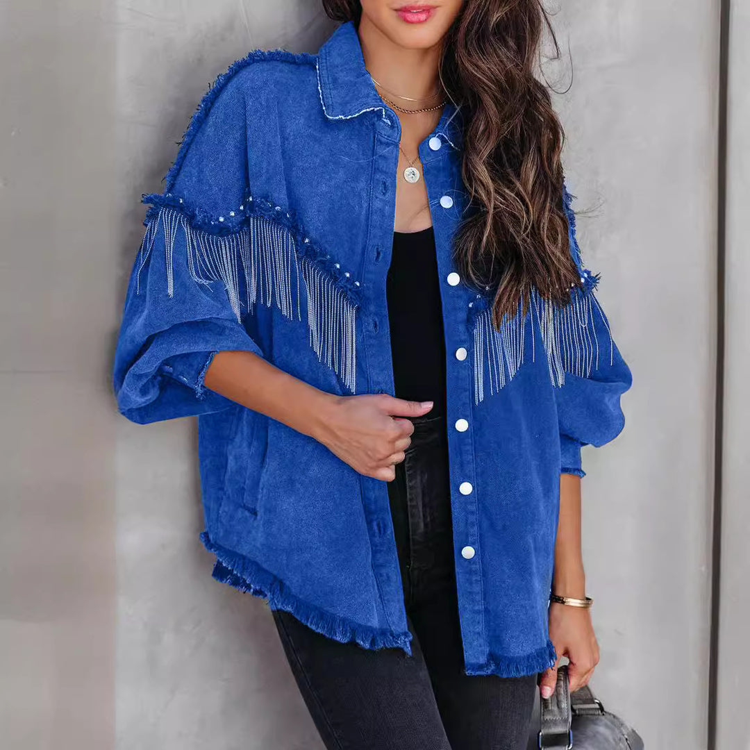 Dame Oversized Denim-Jakke med dekorative frynser og stilfulde perler Stilla