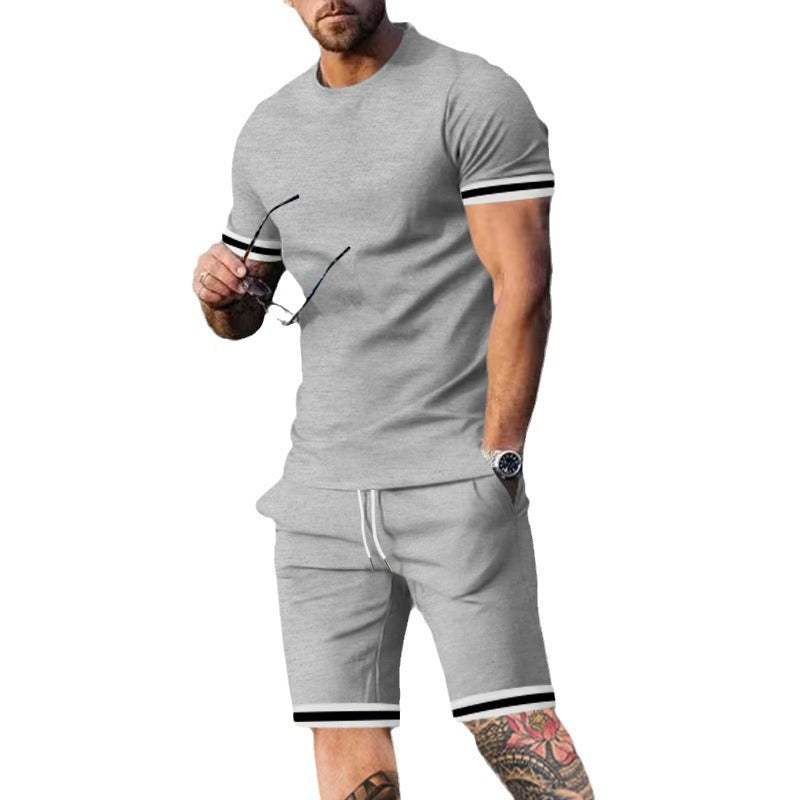 Herre nan atletisk fritids-sæt lavet af bomulds-finejersey med kontrastbånd og snor-i-talje-korte bukser Skovae