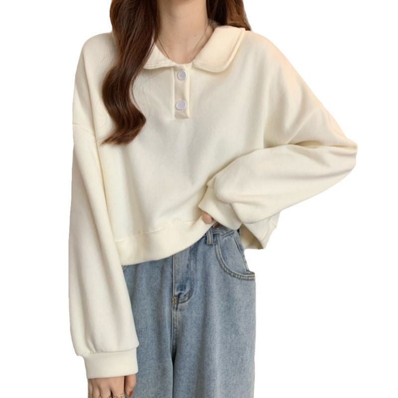 Kvinders t-shirt sweatshirt med moderigtigt krave og dekorative knapper