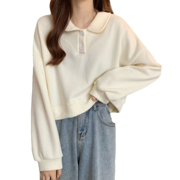 Kvinders t-shirt sweatshirt med moderigtigt krave og dekorative knapper