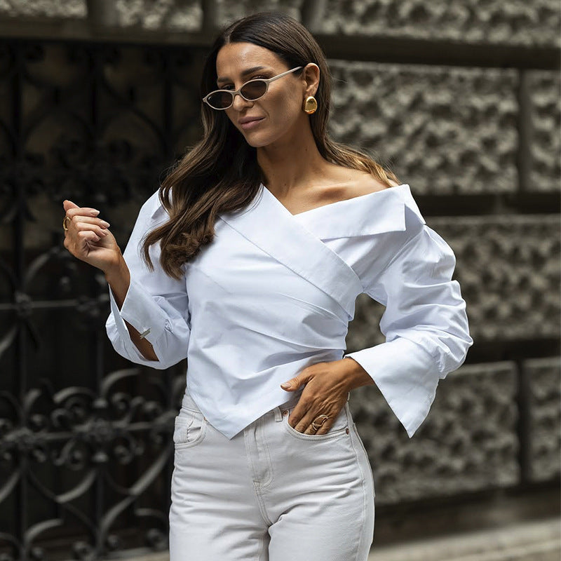 Dame smart asymmetrisk bluse med dekorativt indpakket design og puffærmer Stilla