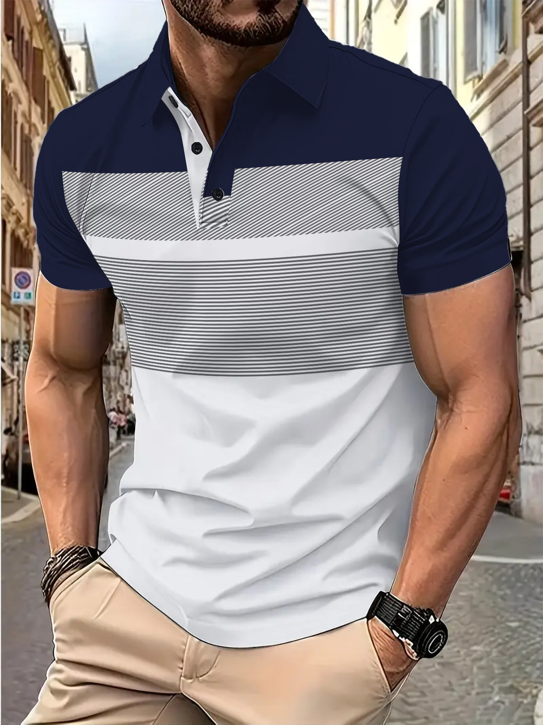 Herrer Poloshirt med moderne striber i to farver og åndbare egenskaber Stilla