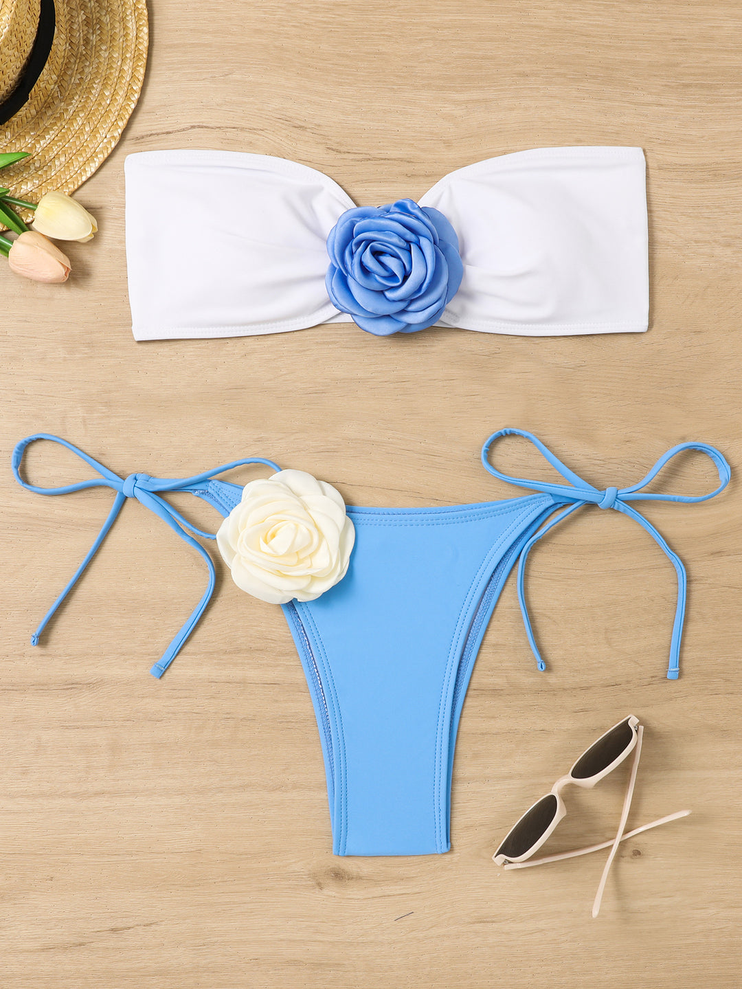 Dame Bandeau bikini med blomsterapplikation Skovae