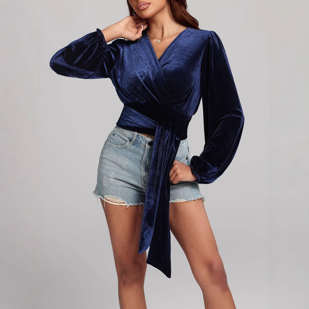 Dame elegant indpakningsbluse med flæseærmer Stilla