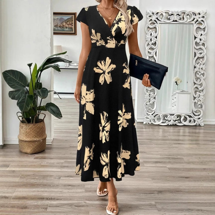 Dame Maxikjole med blomster mønster og elegant V-udskæring Stilla