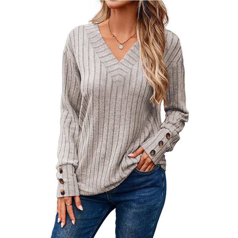 Dame afslappet V-hals sweater med fine striber Stilla