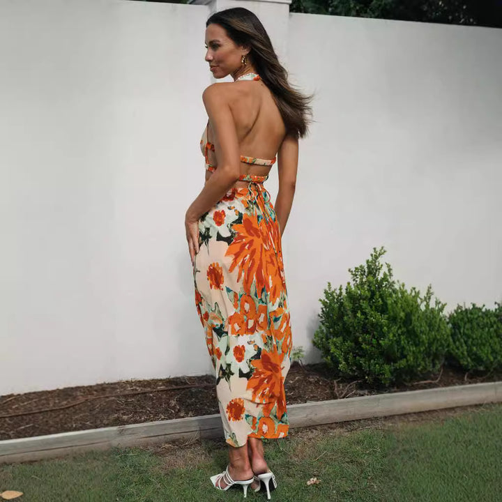 Dame maxikjole med trendy cut-out og blomster mønster Stilla