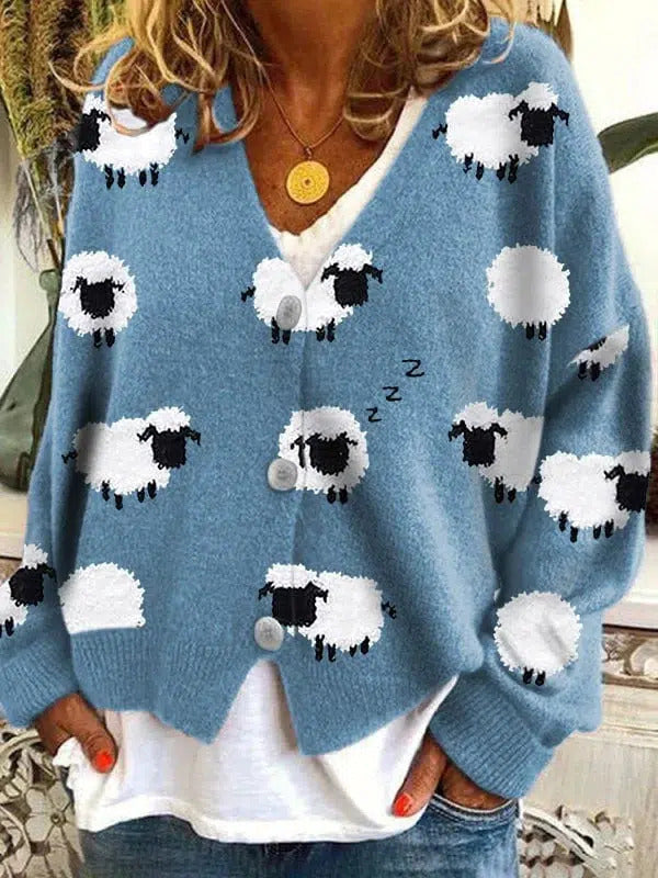 Dame cardigan med sjove fårepatterne Stilla